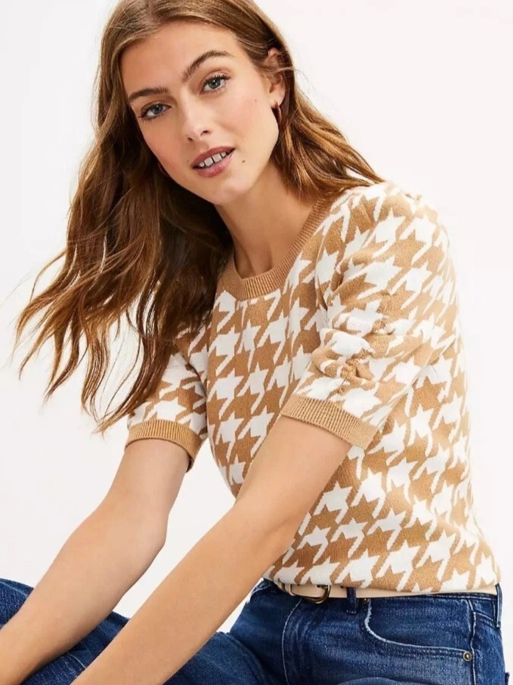 LOFT Houndstooth Short-Sleeve Sweater - Camel & White